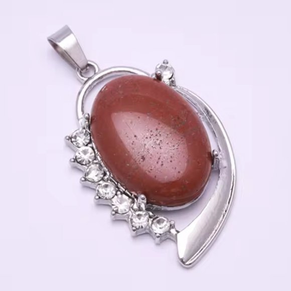 Red Jasper Natural Stone Pendant Vintage Oval Shape with Sparkling Stones - Picture 2 of 2